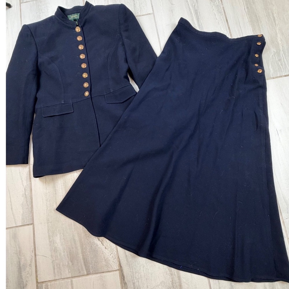 Vintage Lauren Ralph Lauren Navy Blue Wool Skirt Suit Gold Crest Buttons Size 12 - Picture 2 of 13